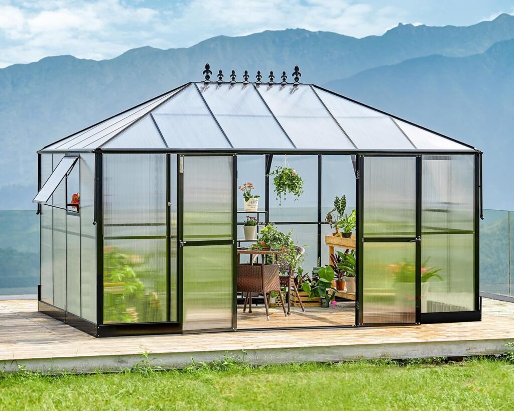 HOWE 14x9.5x9 FT Polycarbonate Greenhouse Double Swing Doors 2 Vents 6FT Added Wall Height, Walk-in Large Winter Greenhouse Sunroom Aluminum Greenhouse for Outdoors, Black