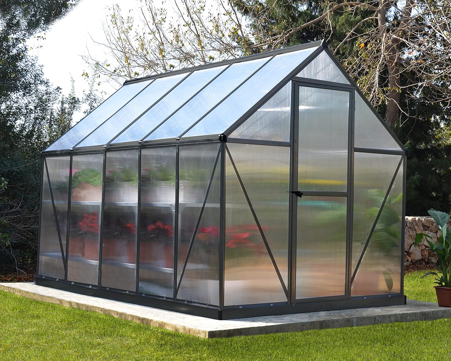 Canopia 6x4 Greenhouse with Plant Hangers, Hobby Walk-In Twin-Wall UV Polycarbonate Heavy Duty Aluminum Frame, Lockable Door, Adjustable Roof Vent, Rain Gutters, Galvanized Steel Base, Mythos (Green)