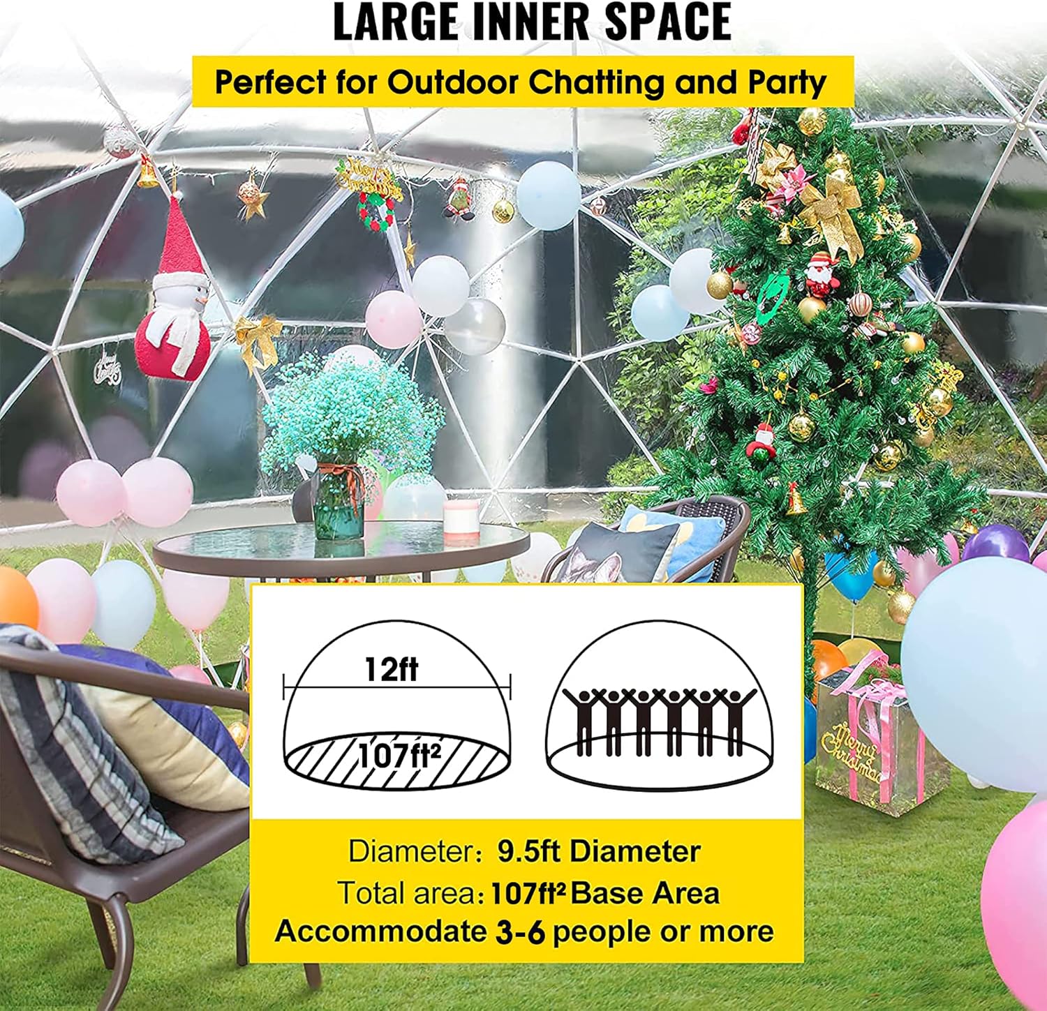 Greenhouse Garden Dome Igloo, 12*7.2 ft PVC Dome Tents Weatherproof Greenhouse Garden Bubble Tent with 2*10m Light Strings, Transparent Pod Cover Dome Geodesic Kit for Backyard, Outdoor Camping, Party