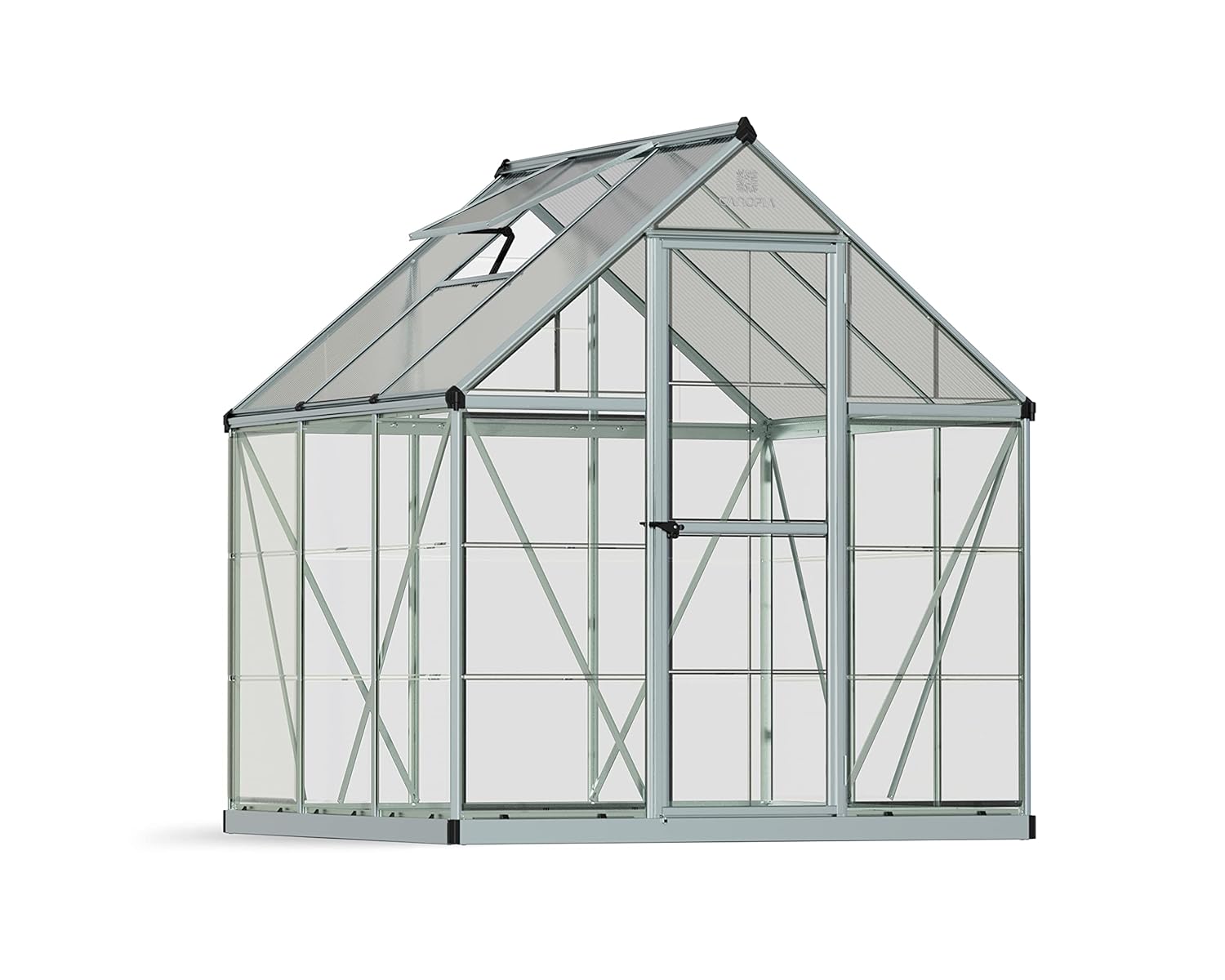 Palram - Canopia 6x6 Greenhouse for Outdoors, Walk-In, UV Polycarbonate Panels, Heavy Duty Aluminum Frame, Lockable Door, Adjustable Roof Vent, Rain Gutters, Galvanized Steel Base, Hybrid (Silver)