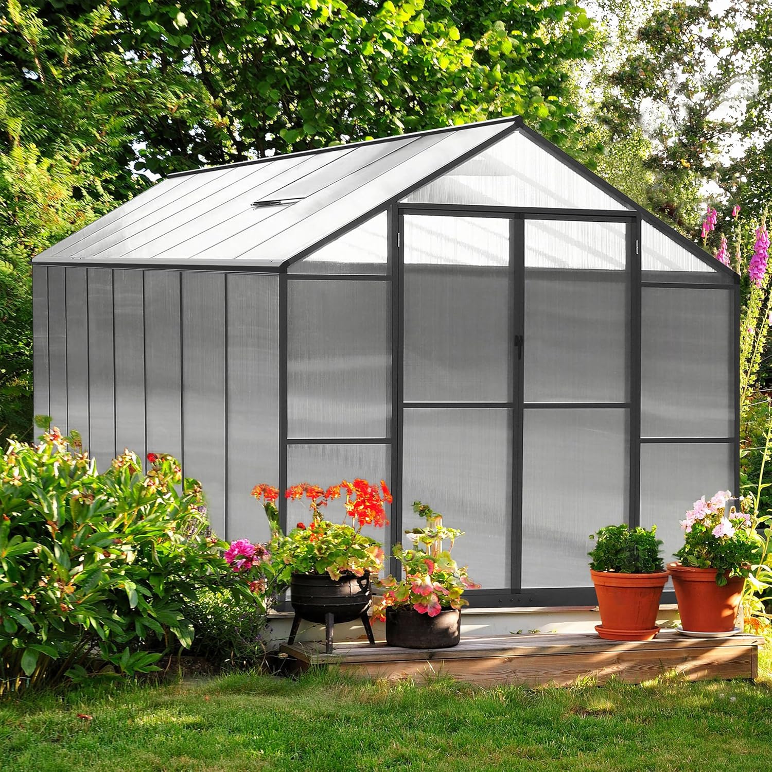 VEIKOU 8 x 16 FT Greenhouse for Outdoor， Polycarbonate Greenhouse with Aluminum Frame, Lockable Door and Ajustable Roof Vent for Backyard in Winter, Grey