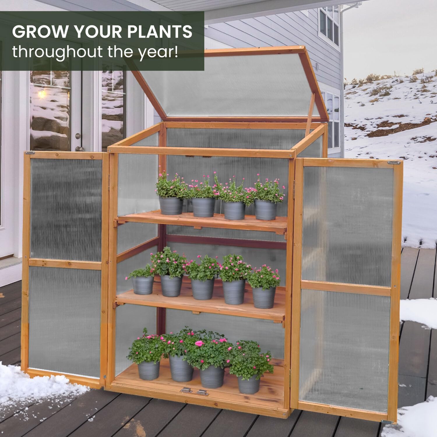 Hanover 8-Ft. x 6-Ft. Polycarbonate Walk-In Greenhouse with Planter Beds, Galvanized Steel Base, Aluminum Frame, Window and Roof Vent, Weather Resistant Flower House for Backyard or Garden