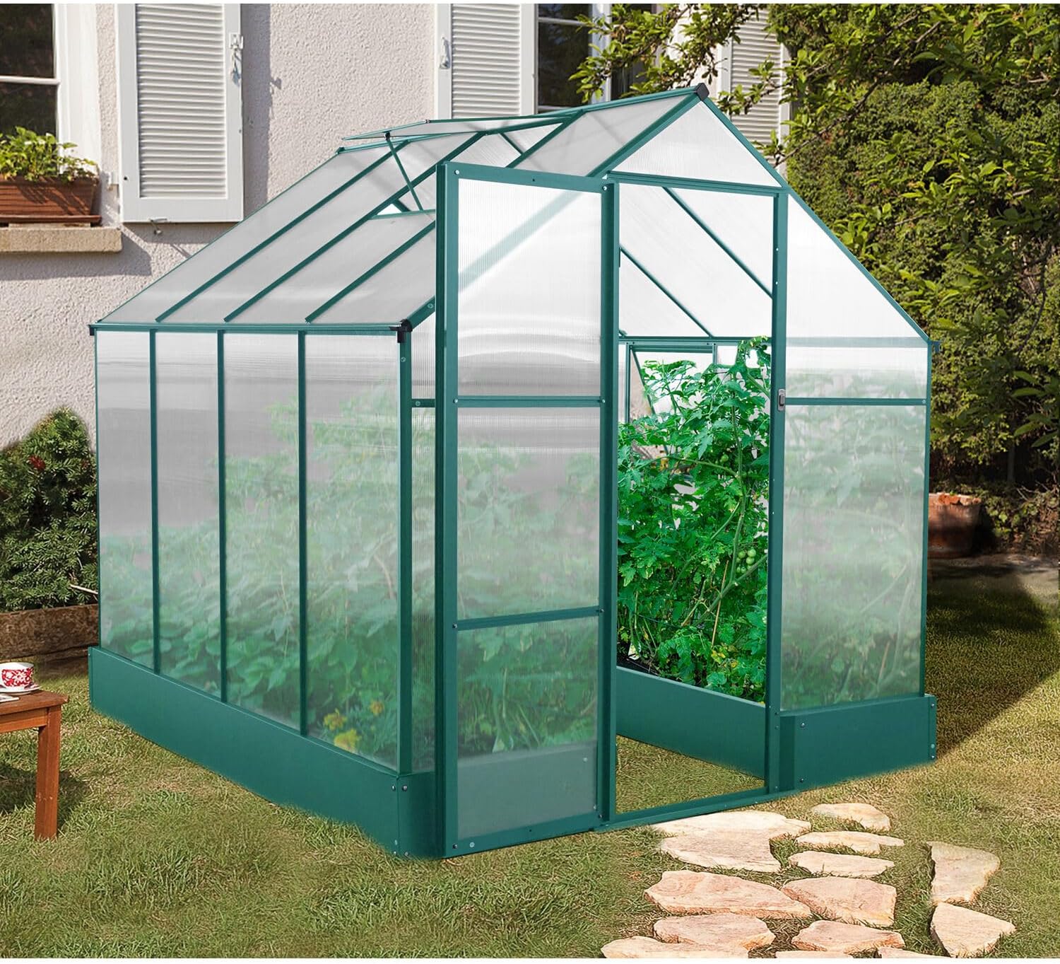 Hanover 8-Ft. x 6-Ft. Polycarbonate Walk-In Greenhouse with Planter Beds, Galvanized Steel Base, Aluminum Frame, Window and Roof Vent, Weather Resistant Flower House for Backyard or Garden