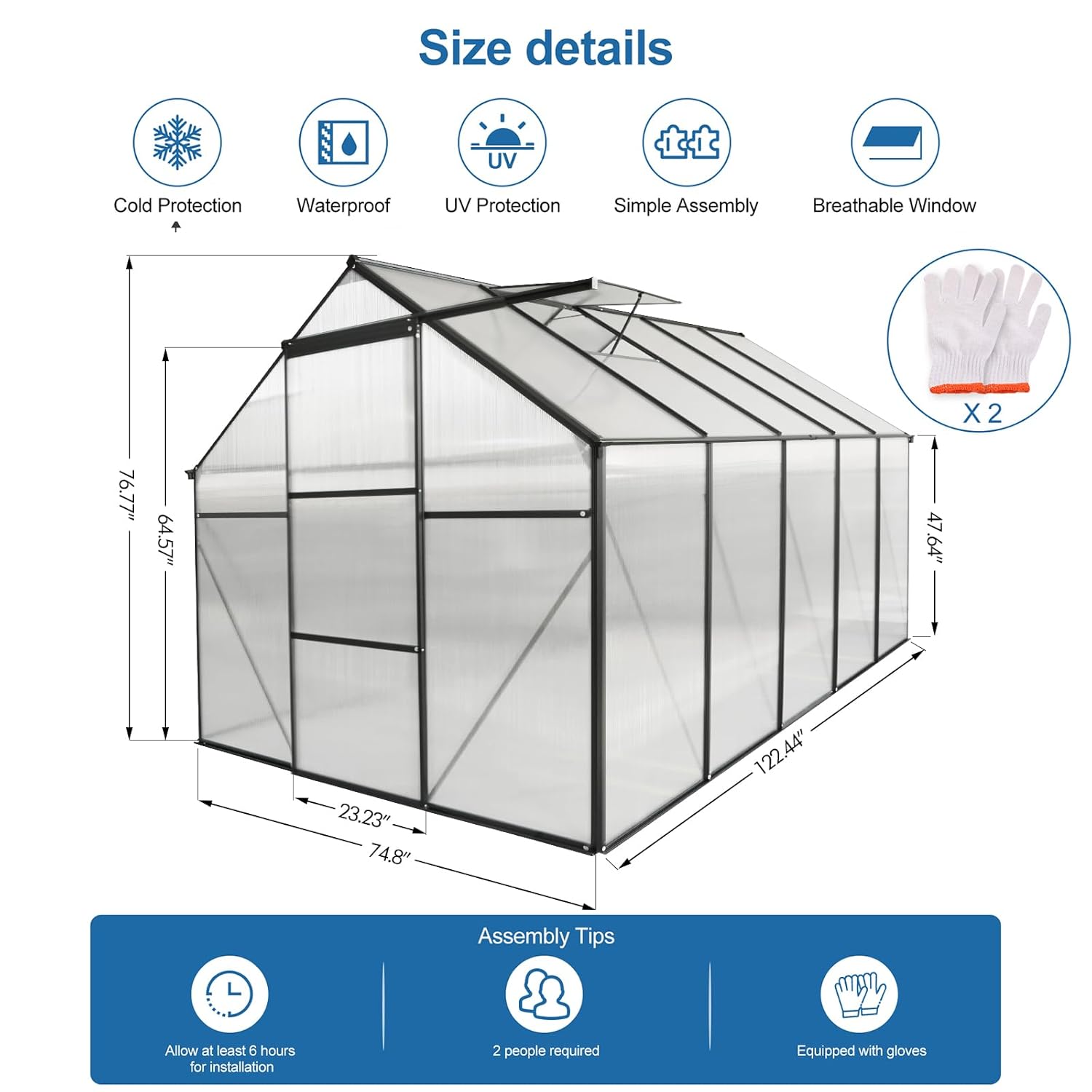 KELRIA 6x10 FT Hybrid Polycarbonate Greenhouse with Sliding Door and Adjustable Vent Window Walk-in Hobby Greenhouses Aluminum Heavy Duty Hot House for Outdoor Garden Backyard, Black