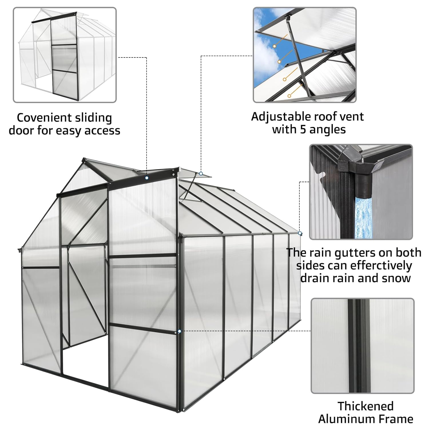 KELRIA 6x10 FT Hybrid Polycarbonate Greenhouse with Sliding Door and Adjustable Vent Window Walk-in Hobby Greenhouses Aluminum Heavy Duty Hot House for Outdoor Garden Backyard, Black