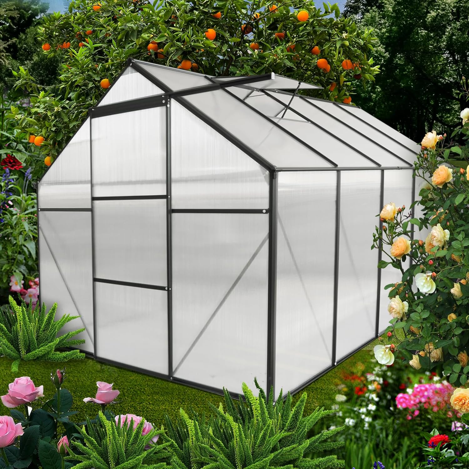 KELRIA 6x10 FT Hybrid Polycarbonate Greenhouse with Sliding Door and Adjustable Vent Window Walk-in Hobby Greenhouses Aluminum Heavy Duty Hot House for Outdoor Garden Backyard, Black