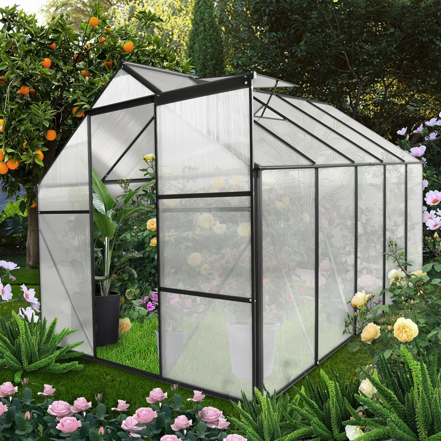 KELRIA 6x10 FT Hybrid Polycarbonate Greenhouse with Sliding Door and Adjustable Vent Window Walk-in Hobby Greenhouses Aluminum Heavy Duty Hot House for Outdoor Garden Backyard, Black