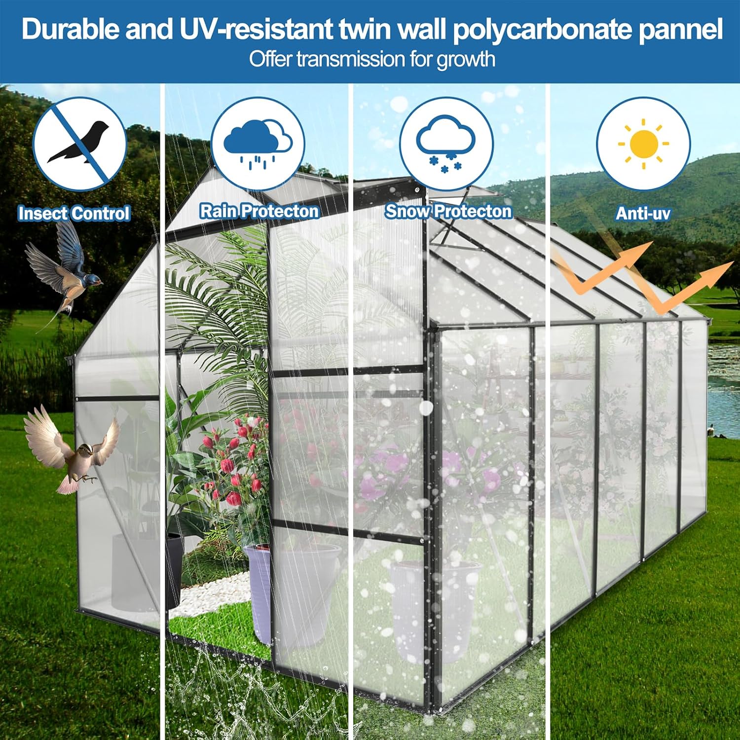 KELRIA 6x10 FT Hybrid Polycarbonate Greenhouse with Sliding Door and Adjustable Vent Window Walk-in Hobby Greenhouses Aluminum Heavy Duty Hot House for Outdoor Garden Backyard, Black