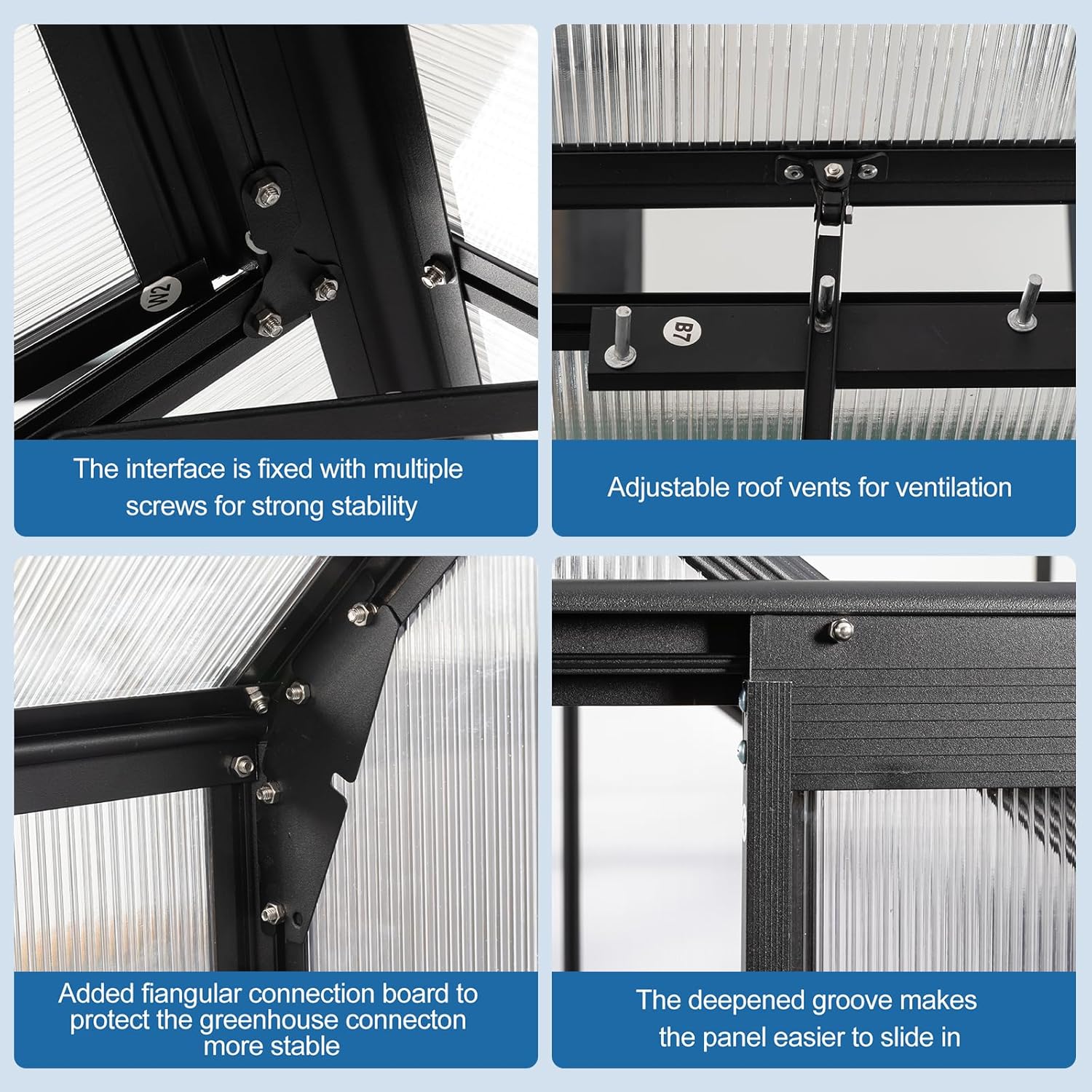 KELRIA 6x10 FT Hybrid Polycarbonate Greenhouse with Sliding Door and Adjustable Vent Window Walk-in Hobby Greenhouses Aluminum Heavy Duty Hot House for Outdoor Garden Backyard, Black