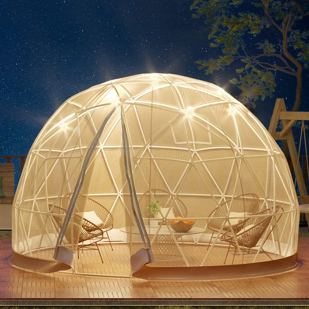 VEVOR Upgraded Greenhouse, 9.5FT Geodesic Dome, All-Year Dome Bubble Tent Set with PVC and Mesh Cover, Come with a Storage Bag and String Lights, Garden Igloo Suitable for Patio and Dining Places