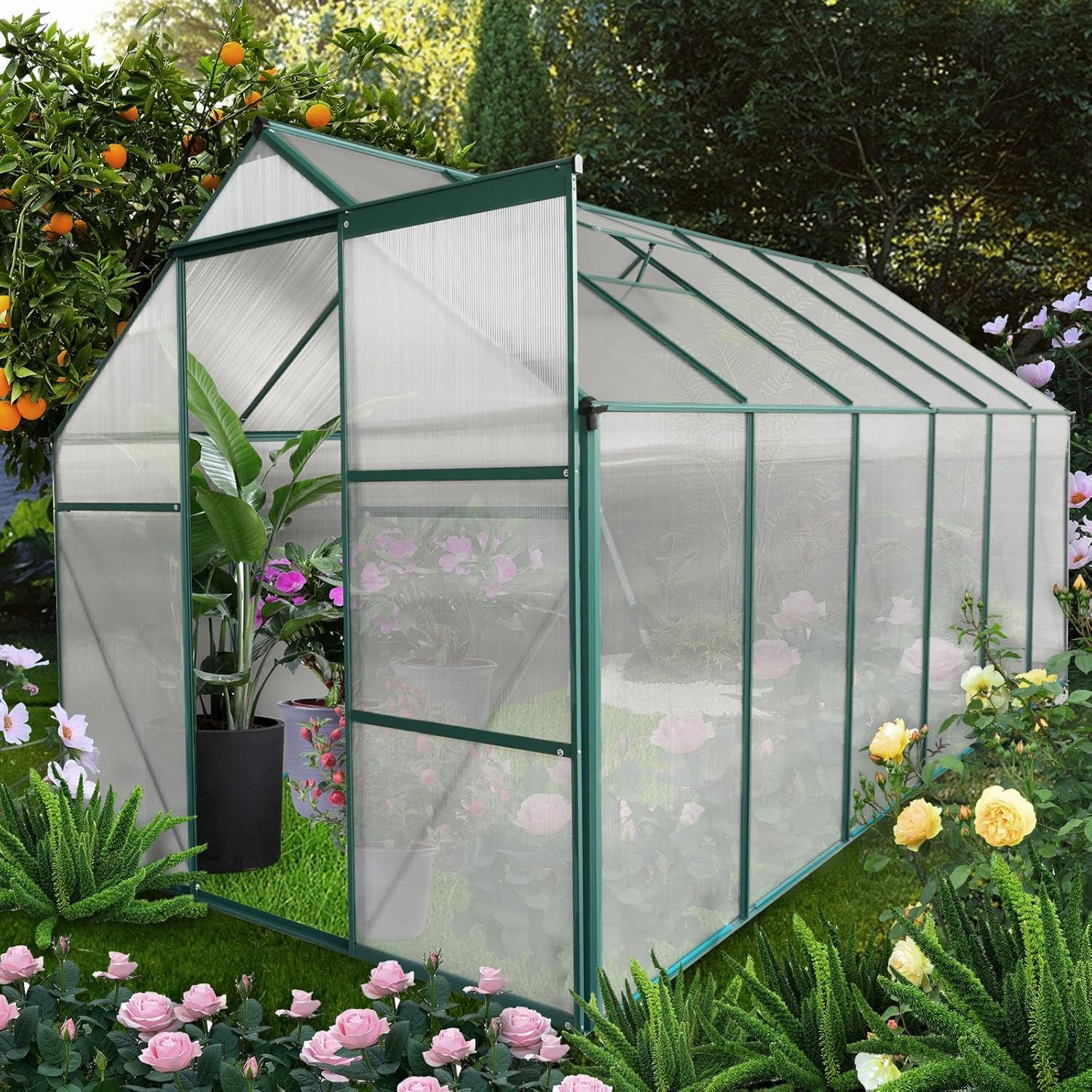 KELRIA 6x12 FT Walk-in Greenhouse for Outdoors, Polycarbonate Greenhouse Storage Shed with Sliding Door and Adjustable Vent Window, Sunroom Aluminum Heavy Duty Hot House for Garden Backyard, Green