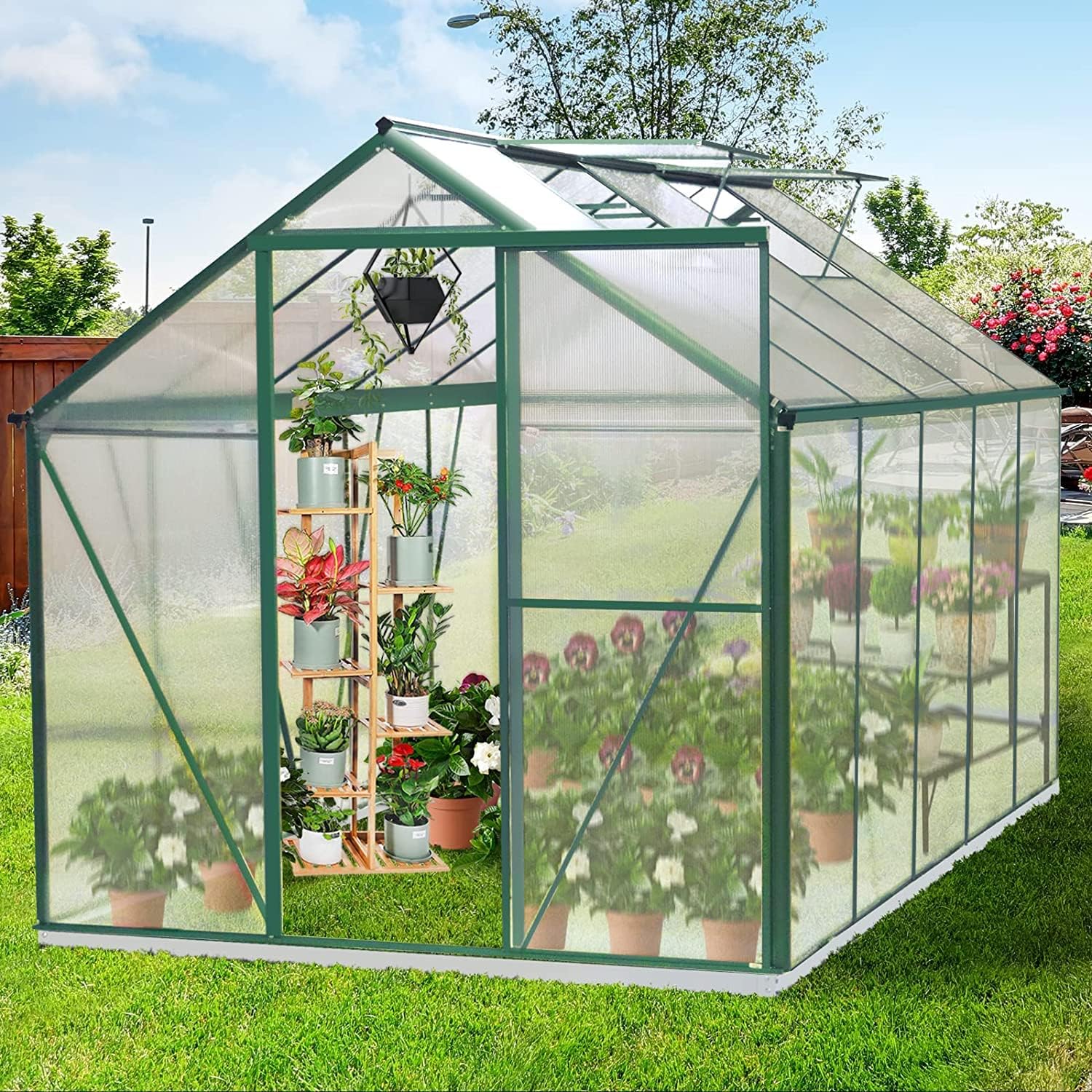 Upgraded 6.2 x 10.2 Hobby Polycarbonate Greenhouse Kits: w/Sliding Door, 2 Vent Window, Raised Base and Anchor Aluminum Heavy Duty Walk-in Greenhouses for Outdoor Backyard in All Season
