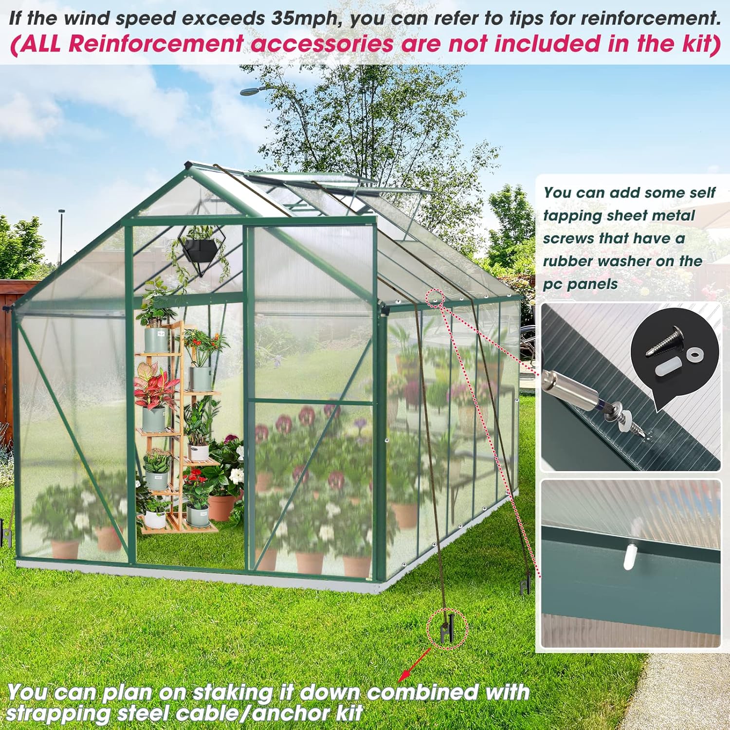 Upgraded 6.2 x 10.2 Hobby Polycarbonate Greenhouse Kits: w/Sliding Door, 2 Vent Window, Raised Base and Anchor Aluminum Heavy Duty Walk-in Greenhouses for Outdoor Backyard in All Season
