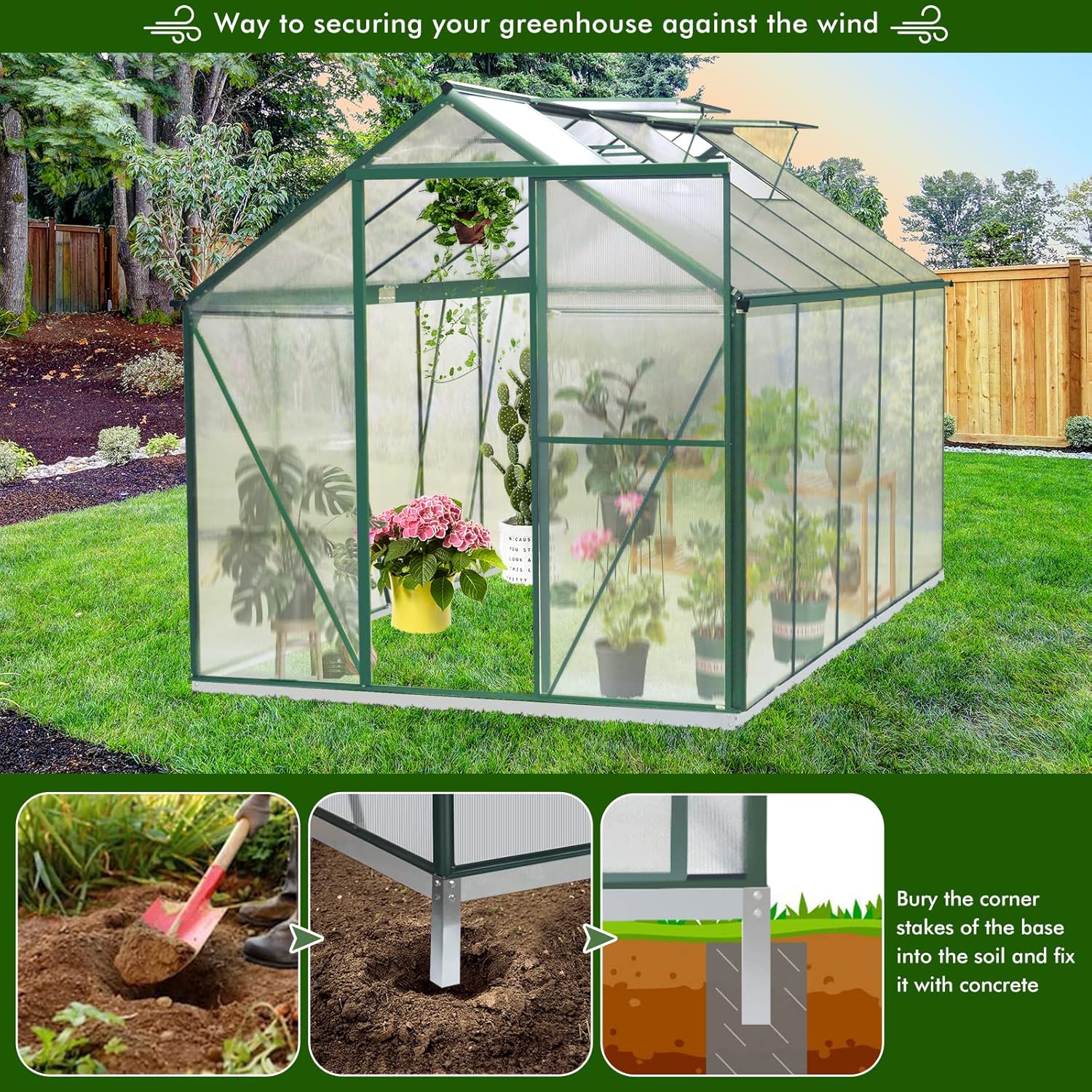 Upgraded 6.2 x 10.2 Hobby Polycarbonate Greenhouse Kits: w/Sliding Door, 2 Vent Window, Raised Base and Anchor Aluminum Heavy Duty Walk-in Greenhouses for Outdoor Backyard in All Season