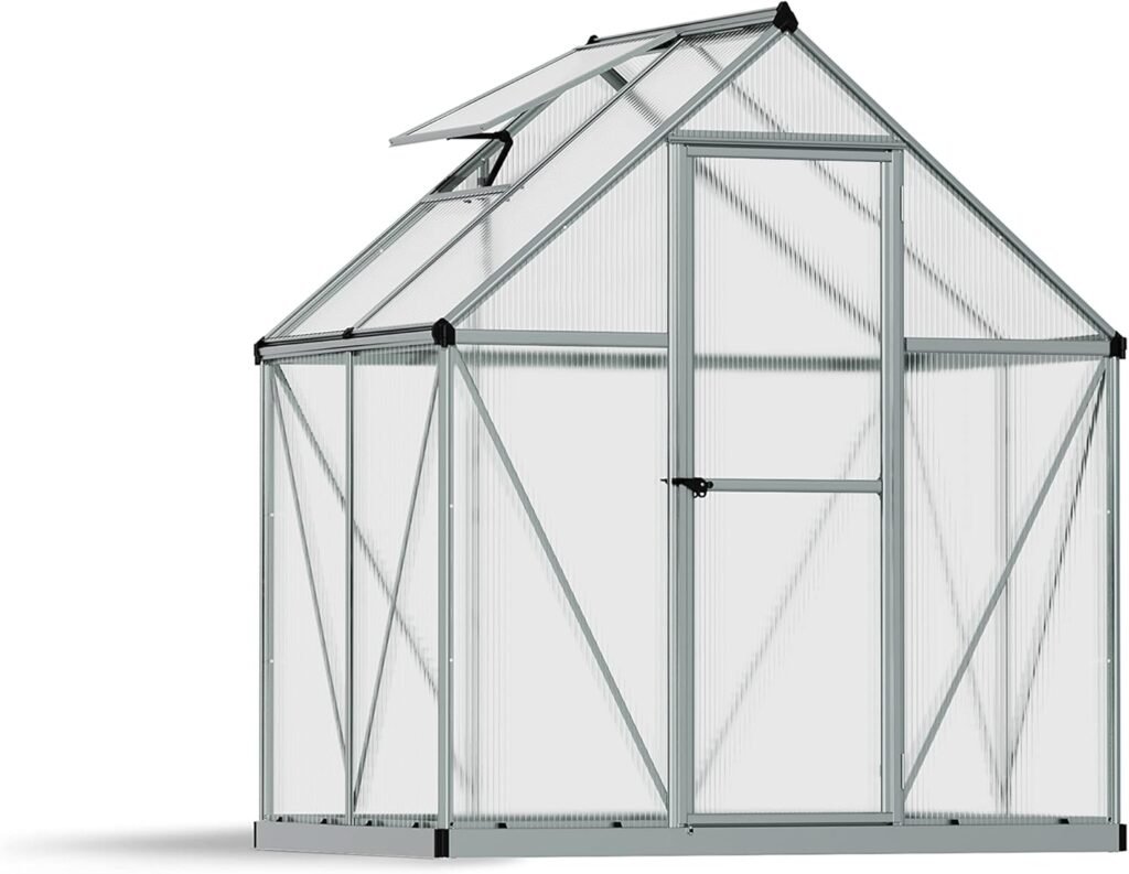 Canopia 6x4 Greenhouse with Plant Hangers, Hobby Walk-In Twin-Wall UV Polycarbonate Heavy Duty Aluminum Frame, Lockable Door, Adjustable Roof Vent, Rain Gutters, Galvanized Steel Base, Mythos (Silver) Canopia 6x4 Greenhouse with Plant Hangers, Hobby Walk-In Twin-Wall UV Polycarbonate Heavy Duty Aluminum Frame, Lockable Door, Adjustable Roof Vent, Rain Gutters, Galvanized Steel Base, Mythos (Silver)