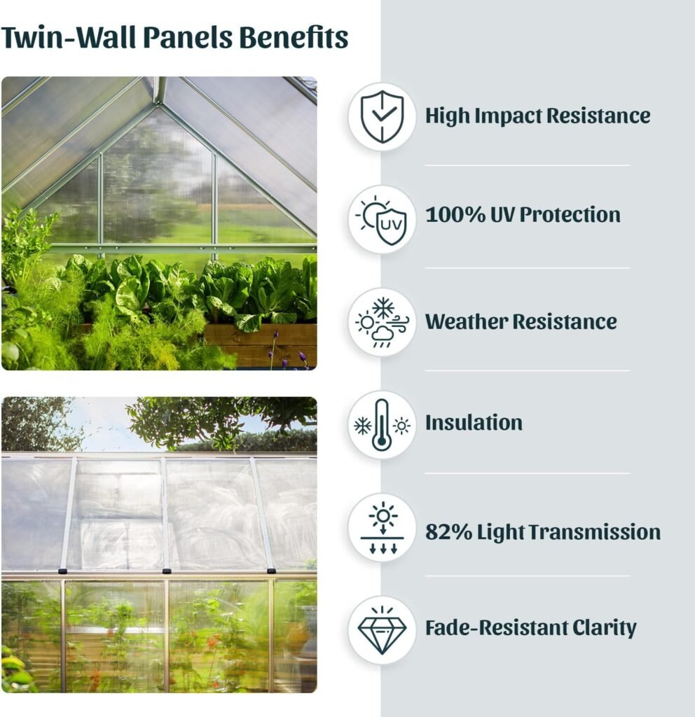 Canopia 6x4 Greenhouse with Plant Hangers, Hobby Walk-In Twin-Wall UV Polycarbonate Heavy Duty Aluminum Frame, Lockable Door, Adjustable Roof Vent, Rain Gutters, Galvanized Steel Base, Mythos (Silver) Canopia 6x4 Greenhouse with Plant Hangers, Hobby Walk-In Twin-Wall UV Polycarbonate Heavy Duty Aluminum Frame, Lockable Door, Adjustable Roof Vent, Rain Gutters, Galvanized Steel Base, Mythos (Silver)
