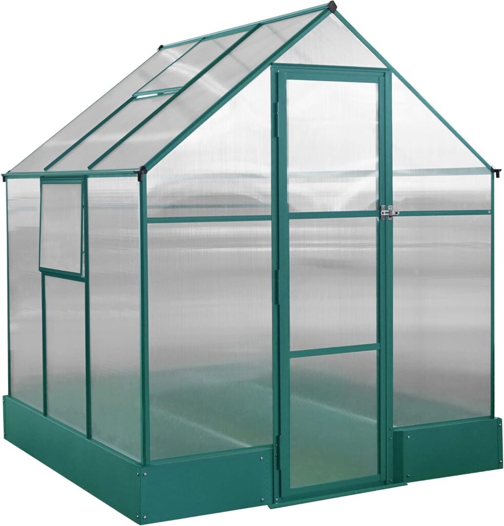 EMKK 6 x 6 Polycarbonate Greenhouse Kit for Outdoors, Aluminum Heavy Duty Walk-in Greenhouse with Lockable Slid Door, Roof Vent and Raised Base, Outside Greenhouse for Backyard Plants/Outdoor Use EMKK 6 x 6 Polycarbonate Greenhouse Kit for Outdoors, Aluminum Heavy Duty Walk-in Greenhouse with Lockable Slid Door, Roof Vent and Raised Base, Outside Greenhouse for Backyard Plants/Outdoor Use