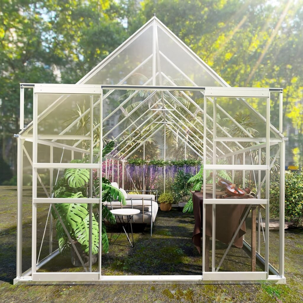 8 W x 16 D Walk-in Greenhouse, Polycarbonate Garden Green Houses with 4 Adjustable Vents, Sliding Doors, Ample Space, Aluminum Hobby Hot House for Outdoor Backyard
