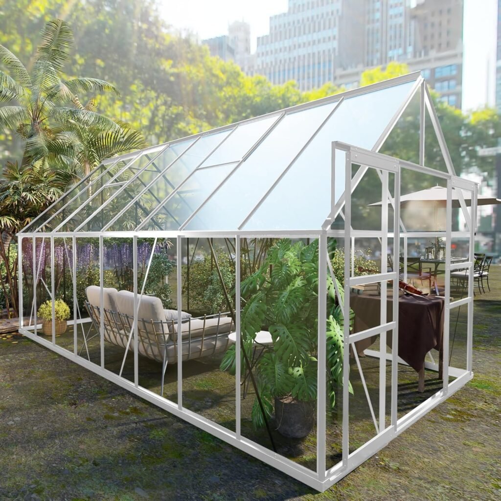 8 W x 16 D Walk-in Greenhouse, Polycarbonate Garden Green Houses with 4 Adjustable Vents, Sliding Doors, Ample Space, Aluminum Hobby Hot House for Outdoor Backyard