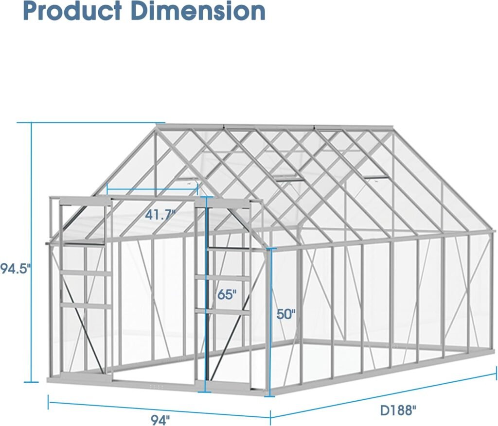 8 W x 16 D Walk-in Greenhouse, Polycarbonate Garden Green Houses with 4 Adjustable Vents, Sliding Doors, Ample Space, Aluminum Hobby Hot House for Outdoor Backyard