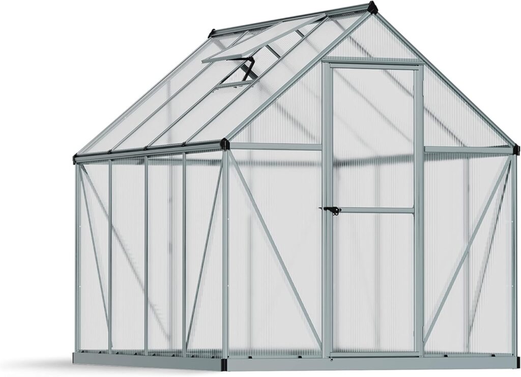 Canopia 6x4 Greenhouse Kit, Hobby Walk-In Twin-Wall UV Polycarbonate Heavy Duty Aluminum Frame, Lockable Door, Adjustable Roof Vent, Rain Gutters, Galvanized Steel Base, Canopia Mythos (Gray)