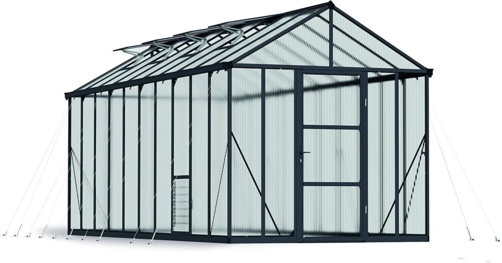 Palram - Canopia Glory 8 Ft. x 20 Ft. Greenhouse Kit with 4 Heavy Duty ShelvesHobby DIY Walk In Green House Heavy Duty Polycarbonate with Aluminium Frame, with Lockable Door and Vent for Garden (Gray)