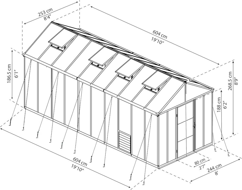 Palram - Canopia Glory 8 Ft. x 20 Ft. Greenhouse Kit with 4 Heavy Duty ShelvesHobby DIY Walk In Green House Heavy Duty Polycarbonate with Aluminium Frame, with Lockable Door and Vent for Garden (Gray)