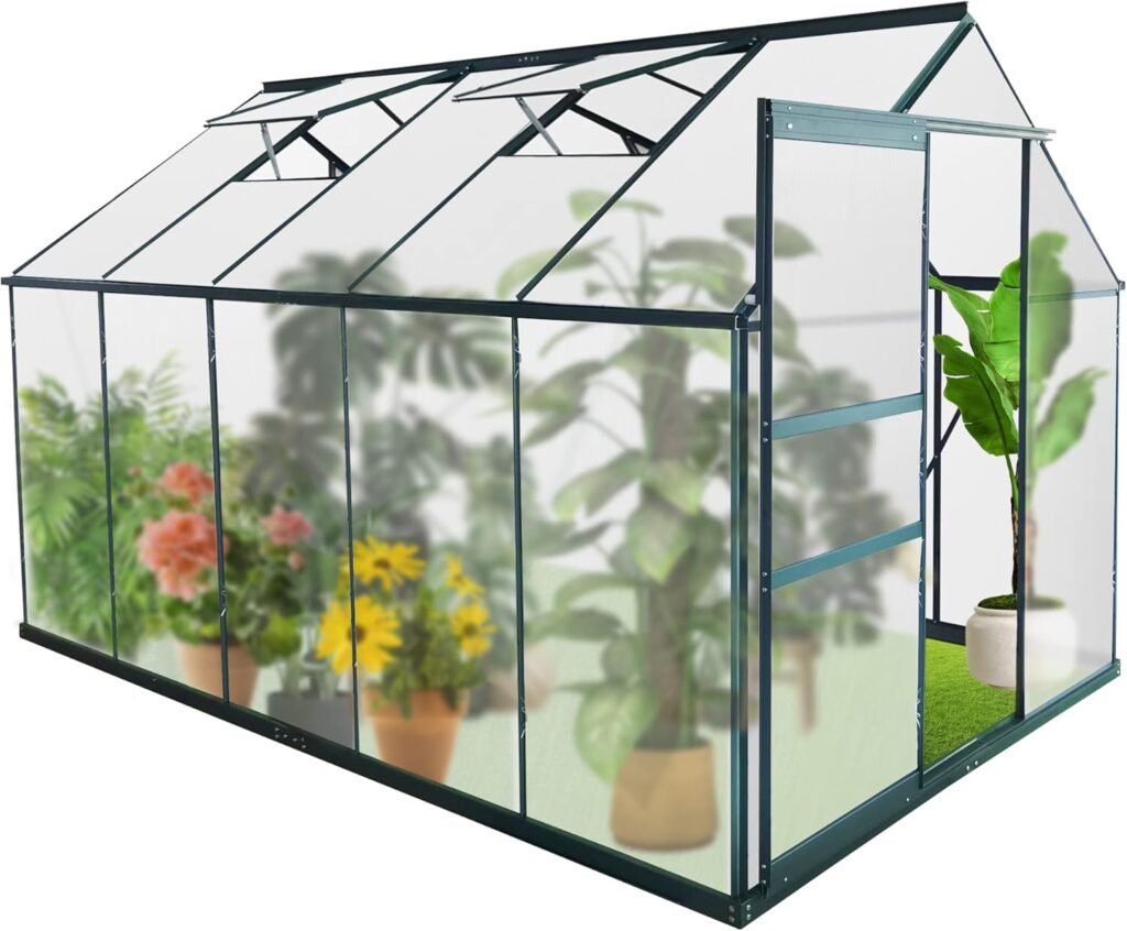 TRY  DO 6X10 Outdoor Walk-In Greenhouse, Sliding Door, 2 Vent Windows, Rain Gutter, Heavy Duty Polycarbonate Aluminum Greenhouse Kit for Vegetables, Plants, Winter Garden
