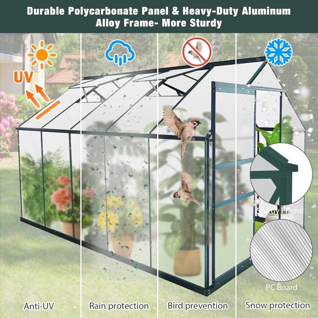 TRY  DO 6X10 Outdoor Walk-In Greenhouse, Sliding Door, 2 Vent Windows, Rain Gutter, Heavy Duty Polycarbonate Aluminum Greenhouse Kit for Vegetables, Plants, Winter Garden