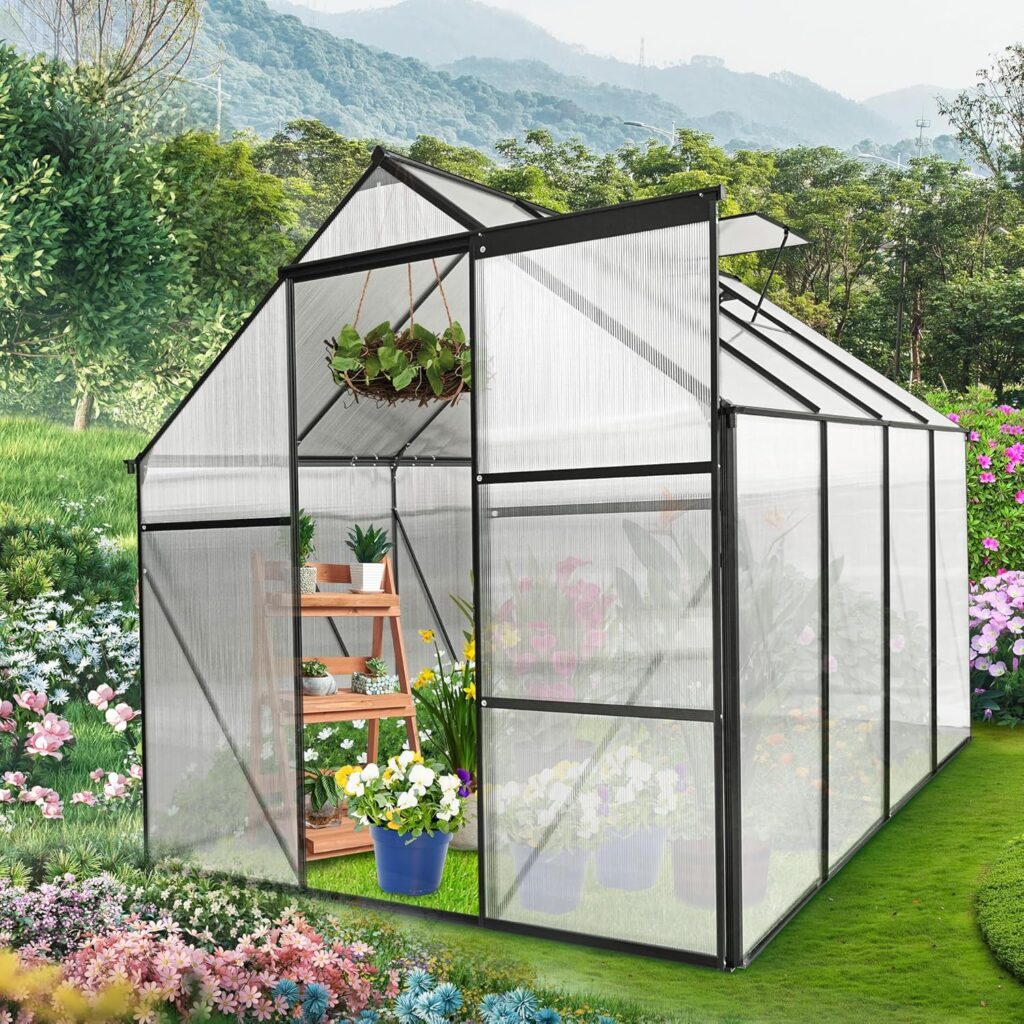 KELRIA 6x8 FT Heavy Duty Walk-in Hobby Greenhouses, Polycarbonate Greenhouse Storage Shed with Sliding Doors and Adjustable Roof Vent, Aluminum Sunroom Green House for Outdoor Garden Backyard, Black