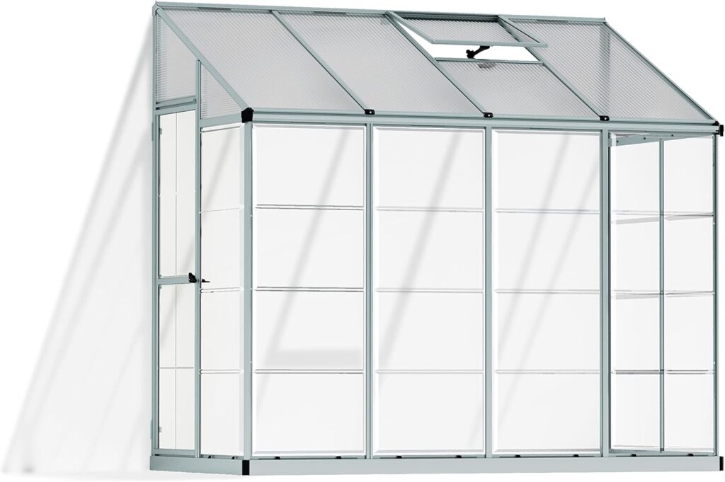 Palram - Canopia 6x8 Greenhouse for Outdoors, Walk-In, UV Polycarbonate Panels, Heavy Duty Aluminum Frame, Lockable Door, Adjustable Roof Vent, Rain Gutters, Galvanized Steel Base, Hybrid (Green)