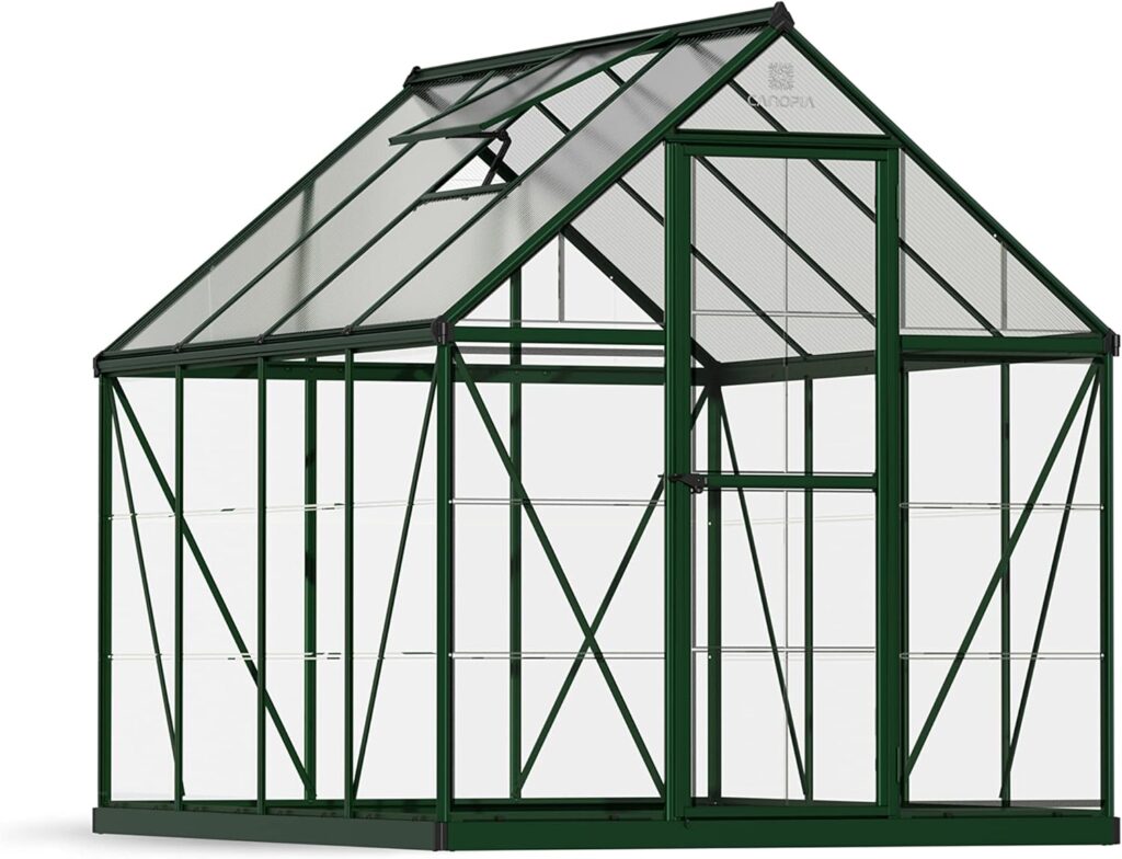 Palram - Canopia 6x8 Greenhouse for Outdoors, Walk-In, UV Polycarbonate Panels, Heavy Duty Aluminum Frame, Lockable Door, Adjustable Roof Vent, Rain Gutters, Galvanized Steel Base, Hybrid (Green)
