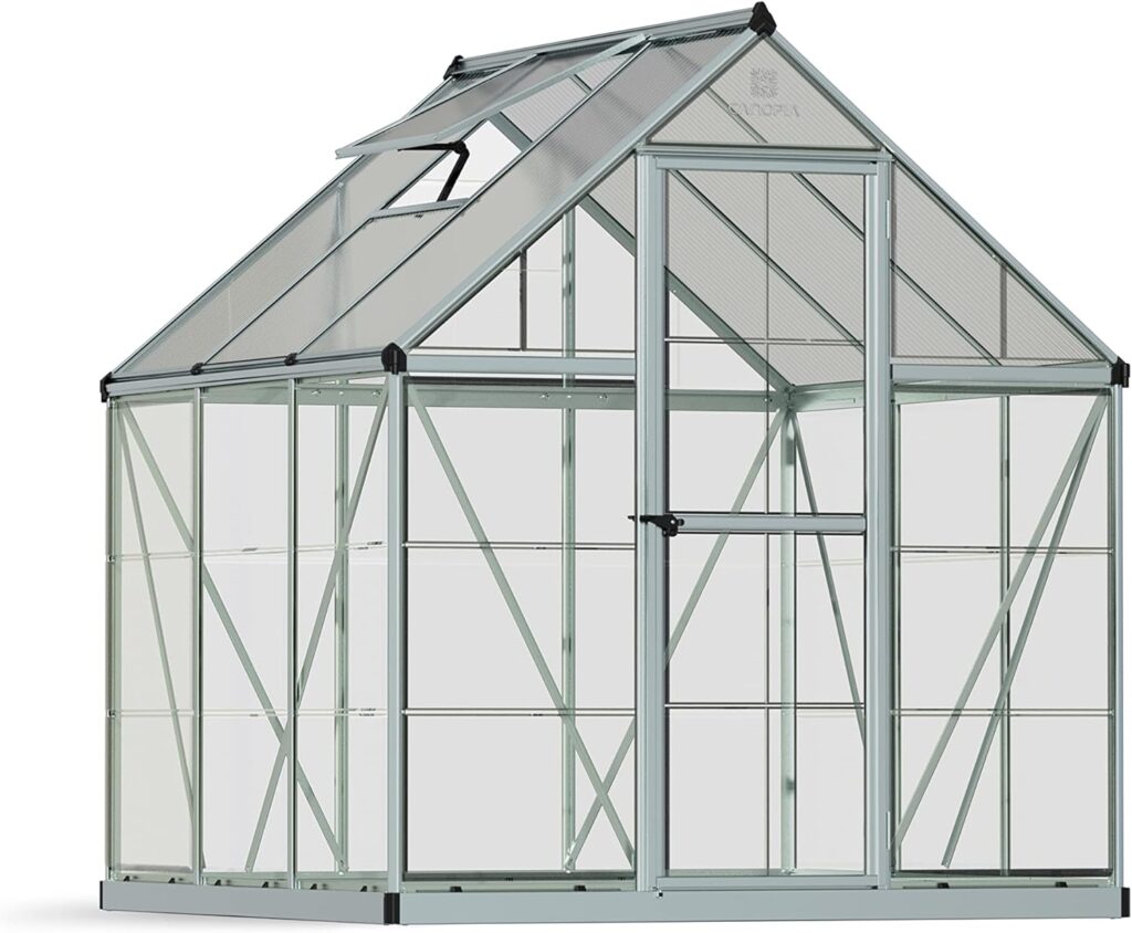 Palram - Canopia 6x8 Greenhouse for Outdoors, Walk-In, UV Polycarbonate Panels, Heavy Duty Aluminum Frame, Lockable Door, Adjustable Roof Vent, Rain Gutters, Galvanized Steel Base, Hybrid (Green)