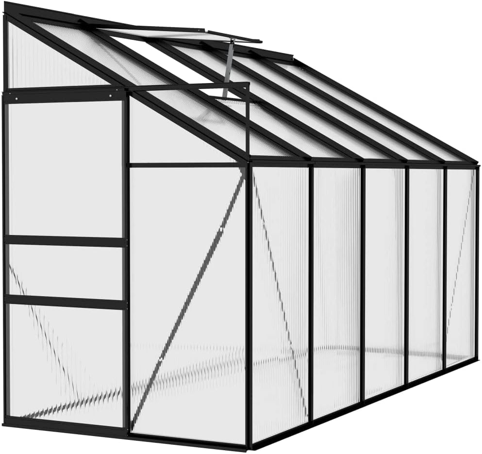 vidaXL Greenhouse Anthracite Aluminum - Spacious 220 ft³ Hobby Garden Installation. Transparent PC Board, Optimal Roof Vent, 42.4 ft² Ground Surface Area