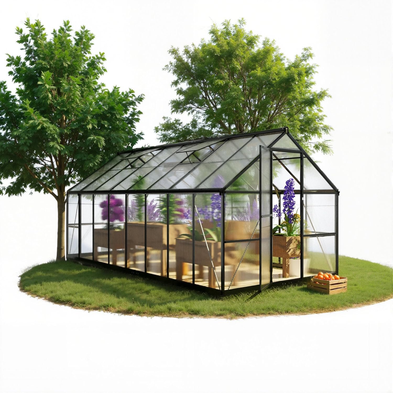 8x16 FT Greenhouse, Polycarbonate Green House with Quick Setup Structure and Roof Vent, Aluminum Large Walk-in Greenhouse for Outside Garden Backyard, Black