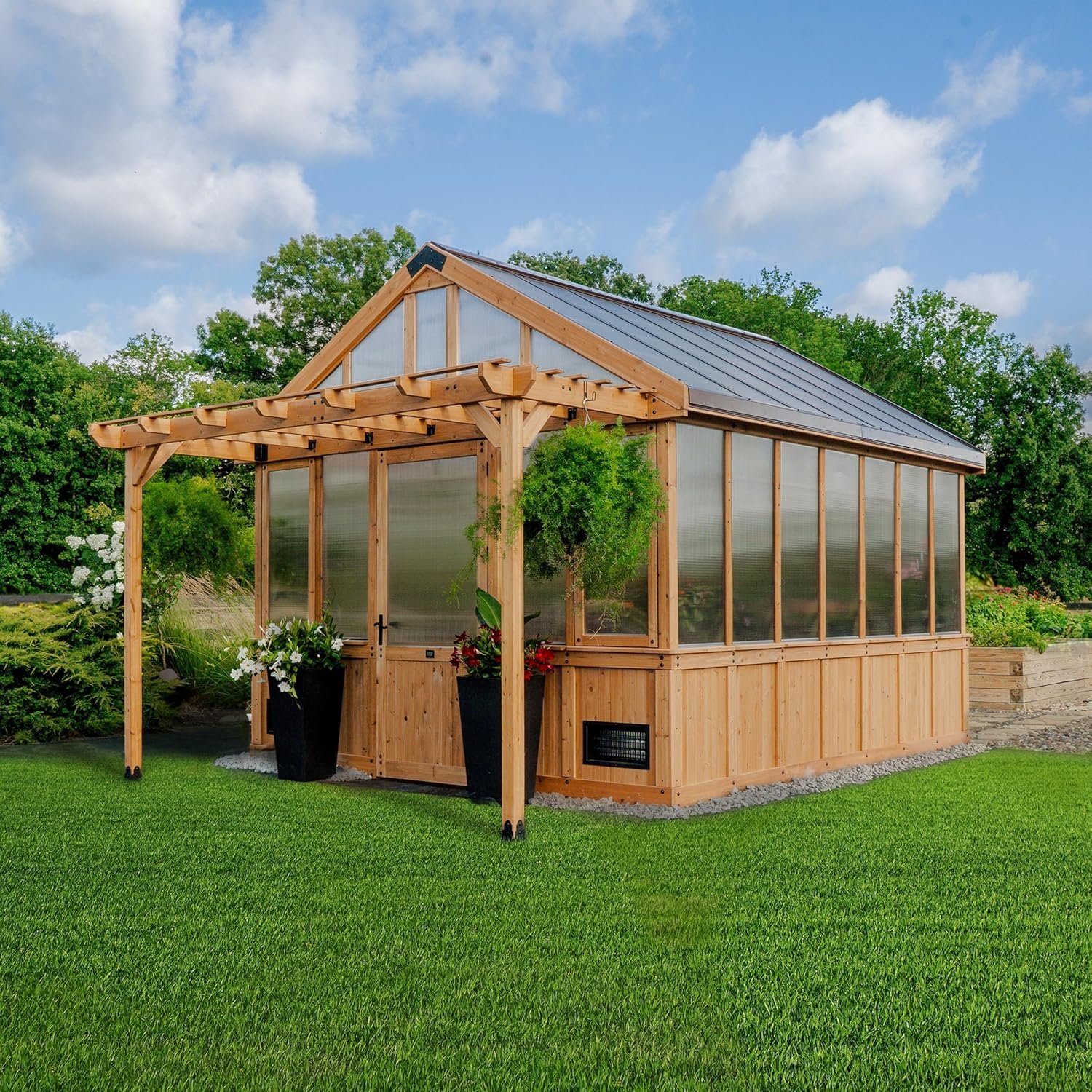 Backyard Discovery Bellerose XL x Cedar Wood and Polycarbonate Walk-in Greenhouse Kit with Pergola, Exhaust Fan, Windows, Hose Hook-Ups, PowerPort, Staging Shelves for Outdoor Gardening