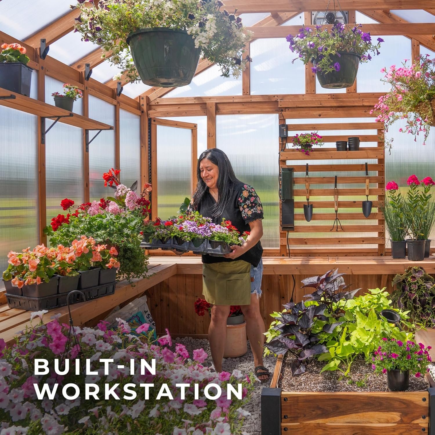 Backyard Discovery Bellerose XL x Cedar Wood and Polycarbonate Walk-in Greenhouse Kit with Pergola, Exhaust Fan, Windows, Hose Hook-Ups, PowerPort, Staging Shelves for Outdoor Gardening