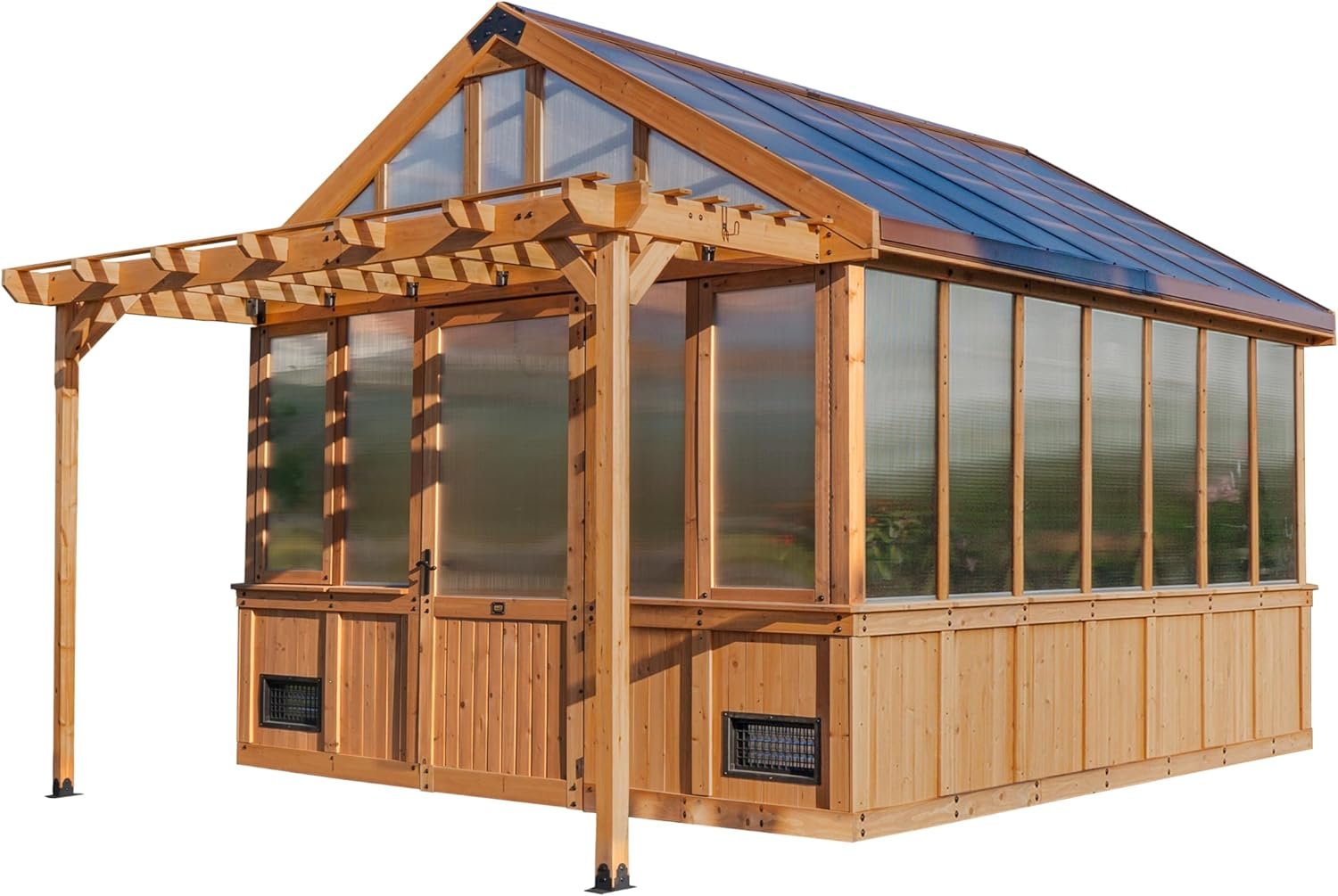 Backyard Discovery Bellerose XL x Cedar Wood and Polycarbonate Walk-in Greenhouse Kit with Pergola, Exhaust Fan, Windows, Hose Hook-Ups, PowerPort, Staging Shelves for Outdoor Gardening