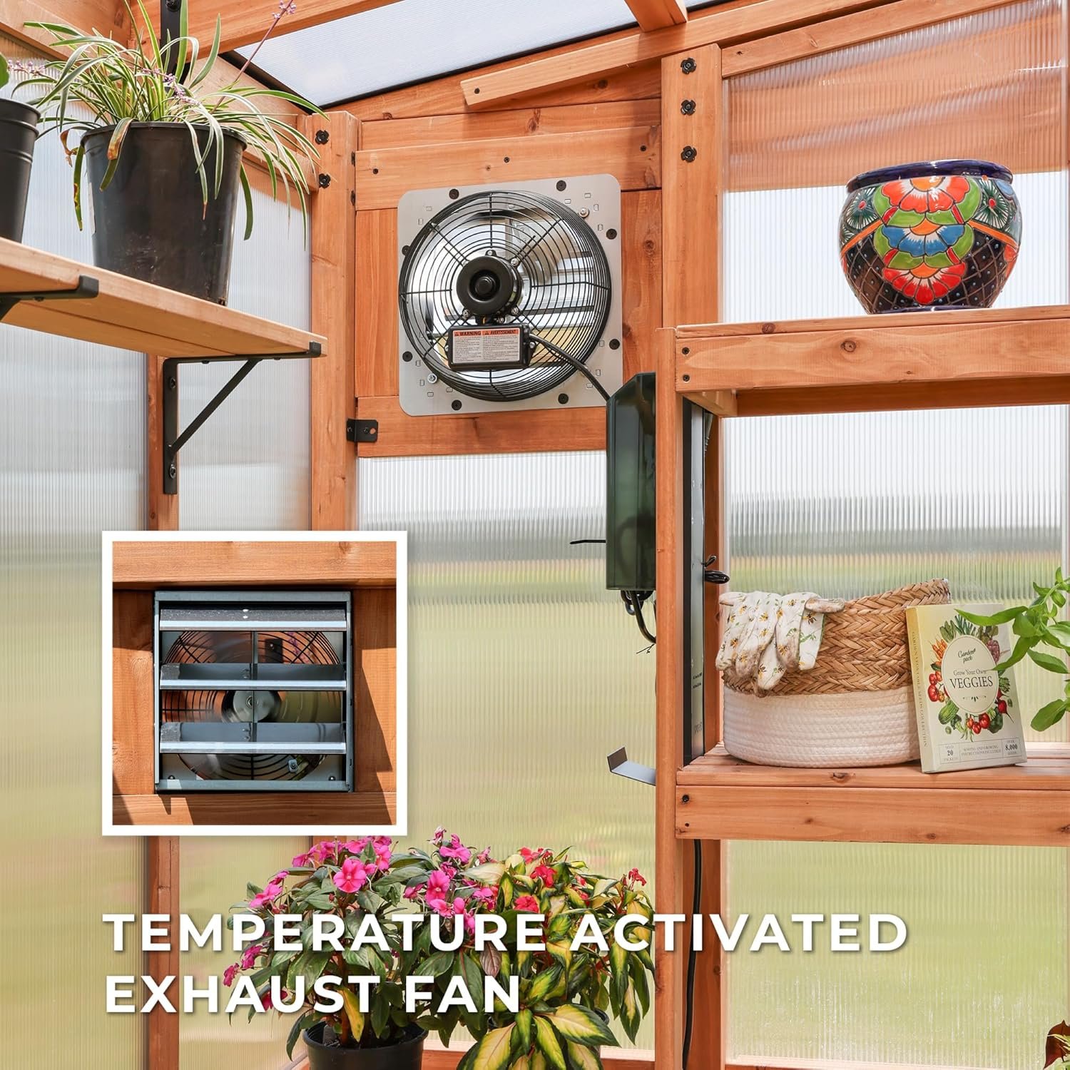 Backyard Discovery Poppy x Cedar Wood and Polycarbonate Walk-In Greenhouse Kit with Exhaust Fan, Windows, Hose Hook-Ups, PowerPort, Staging Shelves, Plant Hooks for Year-Round Outdoor Gardening Backyard Discovery Poppy x Cedar Wood and Polycarbonate Walk-In Greenhouse Kit with Exhaust Fan, Windows, Hose Hook-Ups, PowerPort, Staging Shelves, Plant Hooks for Year-Round Outdoor Gardening
