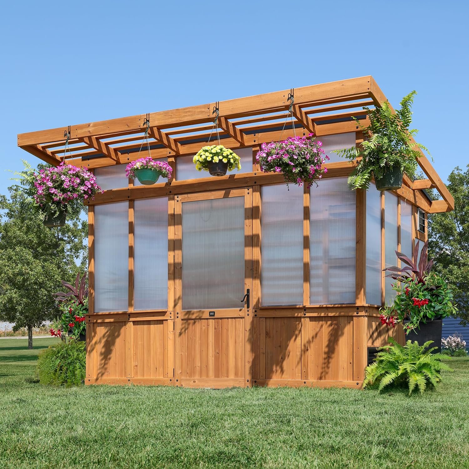 Backyard Discovery Poppy x Cedar Wood and Polycarbonate Walk-In Greenhouse Kit with Exhaust Fan, Windows, Hose Hook-Ups, PowerPort, Staging Shelves, Plant Hooks for Year-Round Outdoor Gardening Backyard Discovery Poppy x Cedar Wood and Polycarbonate Walk-In Greenhouse Kit with Exhaust Fan, Windows, Hose Hook-Ups, PowerPort, Staging Shelves, Plant Hooks for Year-Round Outdoor Gardening