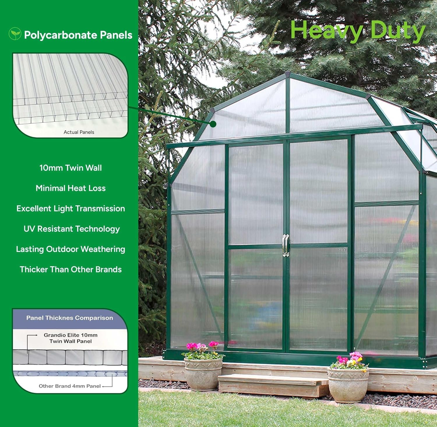 Elite 8x24 Greenhouse Kit - Heavy Duty, Powder Coated Green House for Hobby Gardeners. Features 10mm Twin Wall Polycarbonate Panels, Base Kit, Barn Shape, Roof Windows. Elite 8x24 Greenhouse Kit - Heavy Duty, Powder Coated Green House for Hobby Gardeners. Features 10mm Twin Wall Polycarbonate Panels, Base Kit, Barn Shape, Roof Windows.