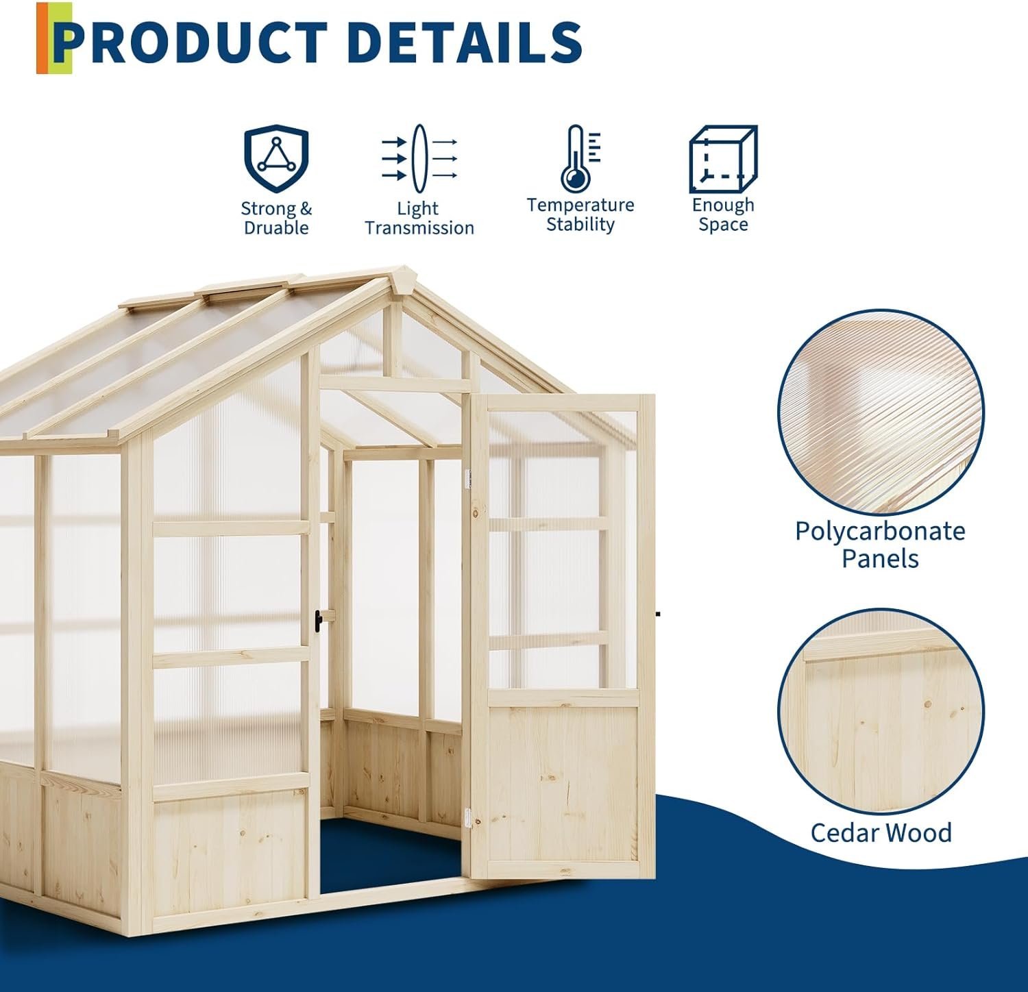 Garvee 8x6 ft Wooden Greenhouse, Greenhouses for Outdoors with Lockable Door, Wood Frame  Adjustable Vent, Heavy Duty Greenhouse with Polycarbonate Panel for Outside, Garden, Yard, Light Brown