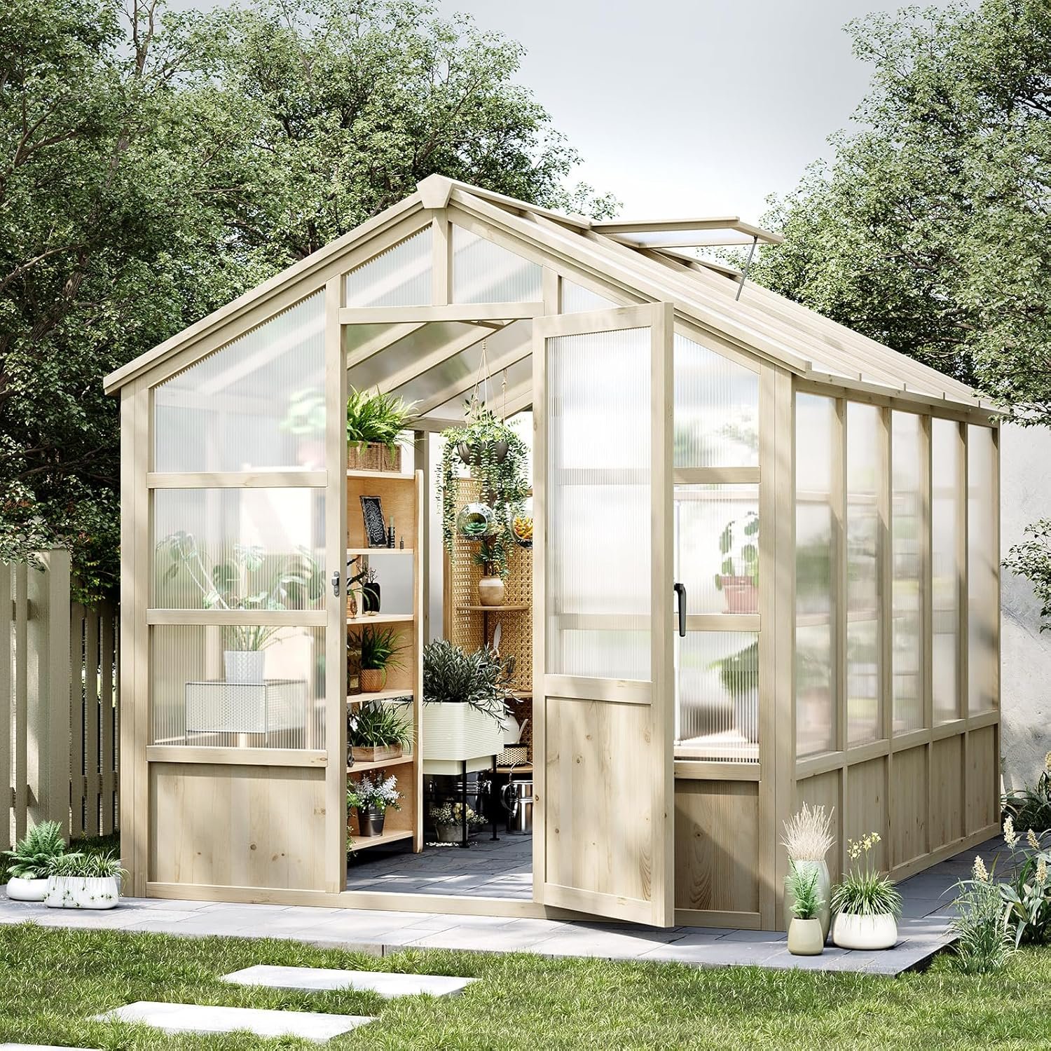 Garvee 8x6 ft Wooden Greenhouse, Greenhouses for Outdoors with Lockable Door, Wood Frame  Adjustable Vent, Heavy Duty Greenhouse with Polycarbonate Panel for Outside, Garden, Yard, Light Brown