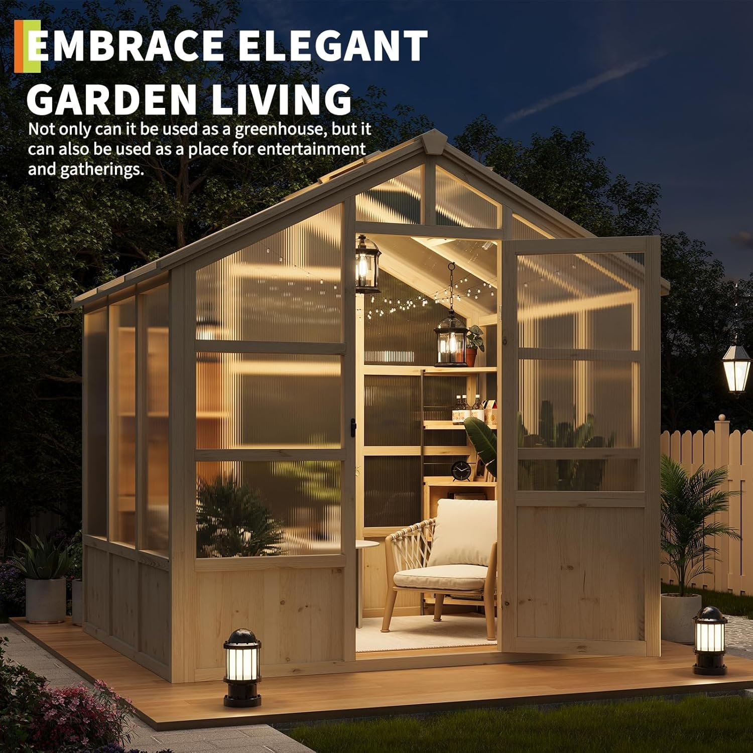 Garvee 8x6 ft Wooden Greenhouse, Greenhouses for Outdoors with Lockable Door, Wood Frame  Adjustable Vent, Heavy Duty Greenhouse with Polycarbonate Panel for Outside, Garden, Yard, Light Brown