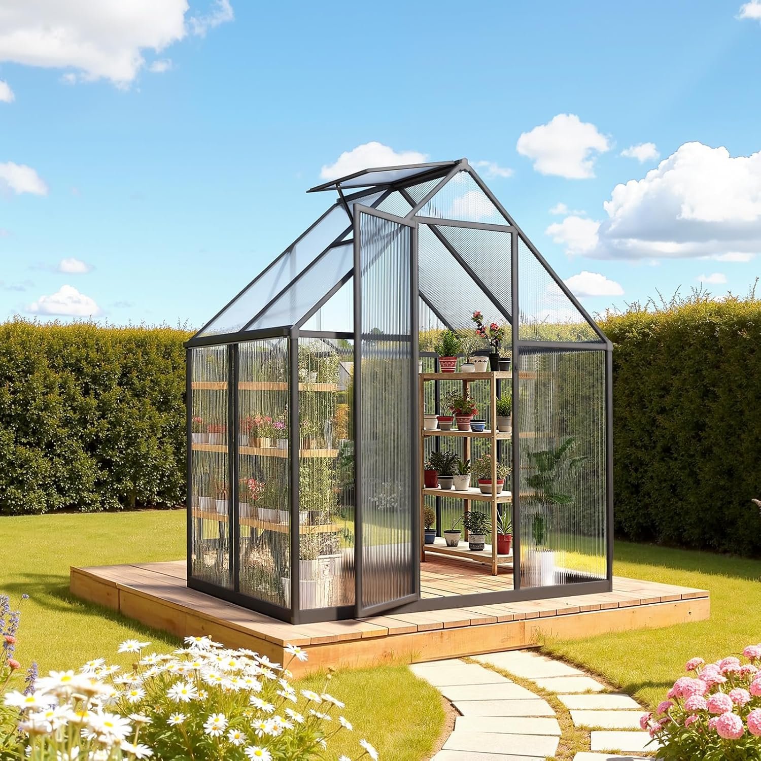 VEVOR x FT Polycarbonate Greenhouse, Heavy Duty Outdoor Green House with Adjustable Vent  Push-Pull Lockable Door, Quick Setup, Aluminum Frame Walk-in Greenhouse Sunroom for Outside Garden Lawn