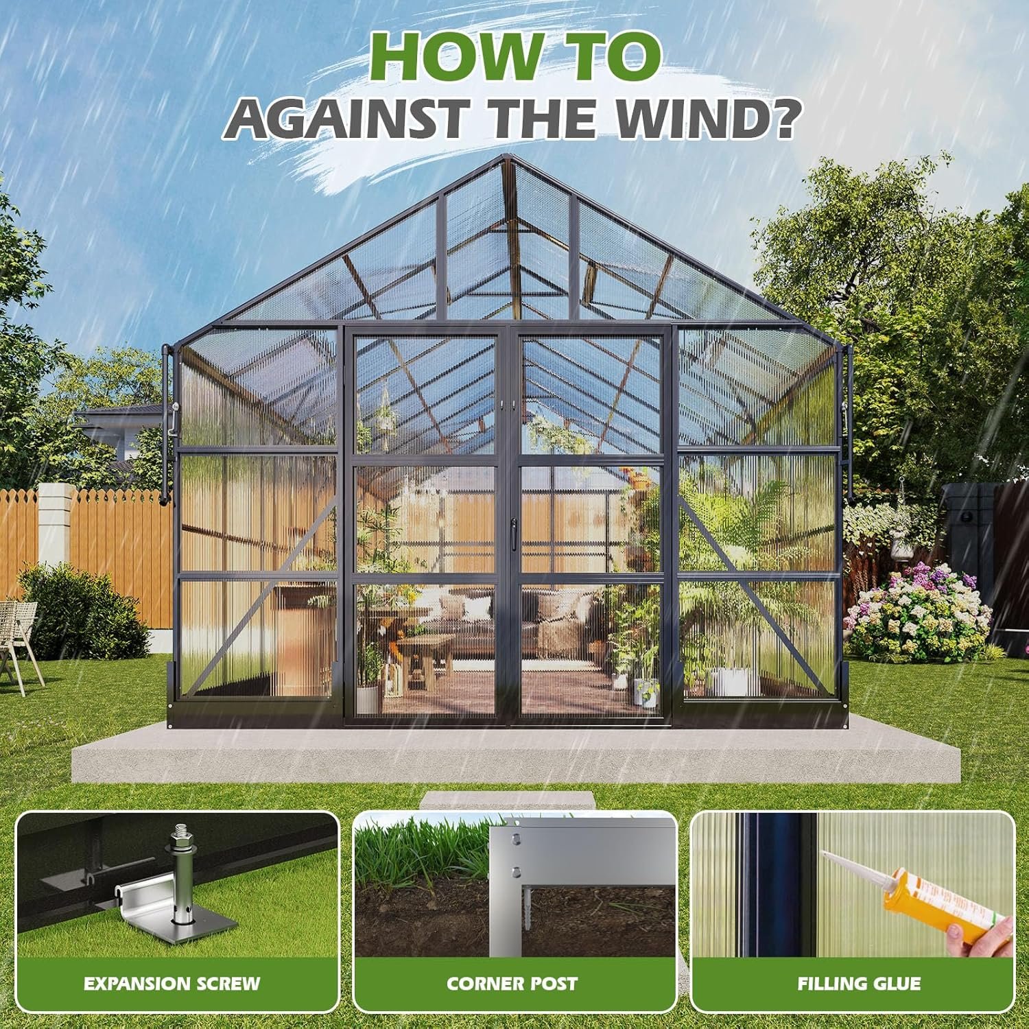 AMERLIFE 10x18x8.4 FT Polycarbonate Greenhouse with Roof Vents  Rain Gutter, Heavy Duty Aluminum Greenhouse for Outdoor Garden Backyard, Black