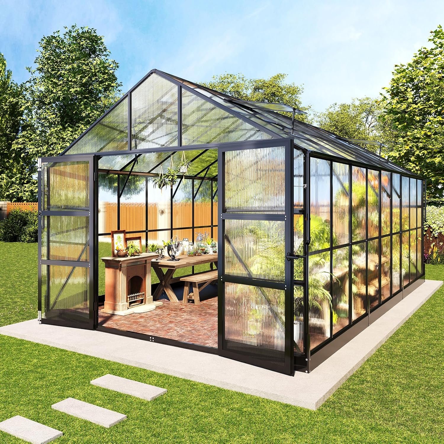 AMERLIFE 10x18x8.4 FT Polycarbonate Greenhouse with Roof Vents  Rain Gutter, Heavy Duty Aluminum Greenhouse for Outdoor Garden Backyard, Black