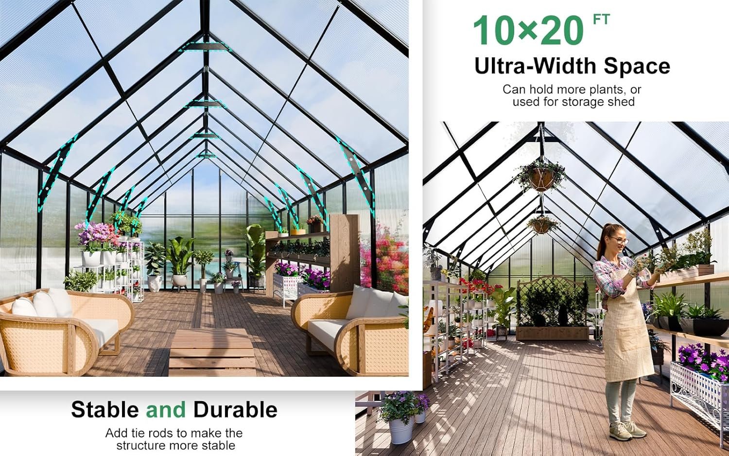 CDCASA 20x10x10 FT Greenhouse for Outdoors, Easy Assembly Large Thicker Aluminum Heavy Duty Polycarbonate Greenhouses Kit w/4 Vent Window, Walk-in Green House for Sunroom Patio,Backyard