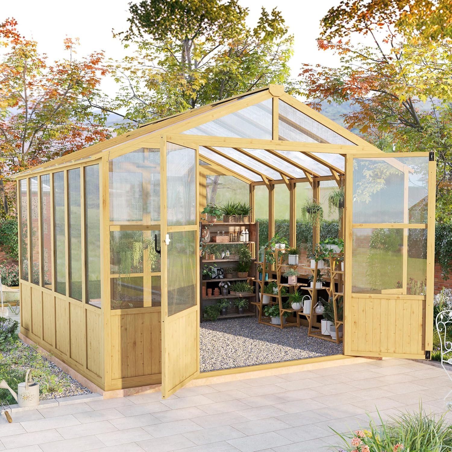 Jocisland 8x9.5x7.5 Ft Wooden Greenhouse, Pre-Assembled Solid Cedar Frame, Walk-in Design, Lockable Door, Adjustable Roof Vents, Polycarbonate Panels for Outdoor, Garden, Backyard