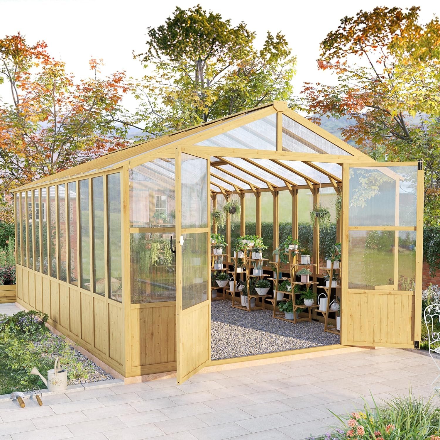 Jocisland 8x9.5x7.5 Ft Wooden Greenhouse, Pre-Assembled Solid Cedar Frame, Walk-in Design, Lockable Door, Adjustable Roof Vents, Polycarbonate Panels for Outdoor, Garden, Backyard